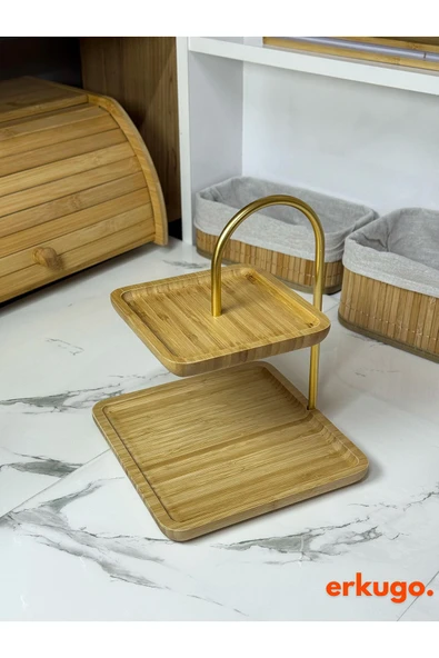 ERKUGO Bambu 2 Katlı Stant, Sunum Standı , Çift Katlı Sunumluk, Dekoratif Stant, Sunum Seti - 2