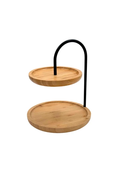 ERKUGO Bambu 2 Katlı Stant, Sunum Standı , Çift Katlı Sunumluk, Dekoratif Stant, Sunum Seti Yuvarlak Siyah - 1