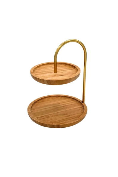 ERKUGO Bambu 2 Katlı Stant, Sunum Standı , Çift Katlı Sunumluk, Dekoratif Stant, Sunum Seti Yuvarlak altın