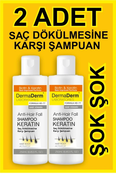 Dermaderm 2 Adet Biotin Ve Keratin Saç Dökülmesine Karşı Hızlı Sac Uzatan Dolgunlaştırıcı Onarıcı Besleyici Şampuan 2 x 250 ml.