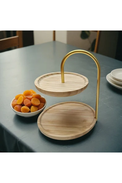 ERKUGO Bambu 2 Katlı Stant, Sunum Standı , Çift Katlı Sunumluk, Dekoratif Stant, Sunum Seti Yuvarlak altın - 3