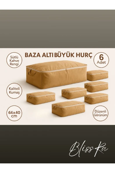 Blissra Baza Altı Hurç 6’lı Set 64x40x22cm – Sütlü Kahve Renk | Soft Kumaş Saklama Çantası - 1