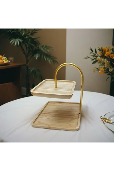 ERKUGO Bambu 2 Katlı Stant, Sunum Standı , Çift Katlı Sunumluk, Dekoratif Stant, Sunum Seti - 3