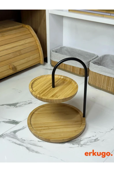 ERKUGO Bambu 2 Katlı Stant, Sunum Standı , Çift Katlı Sunumluk, Dekoratif Stant, Sunum Seti Yuvarlak Siyah - 2