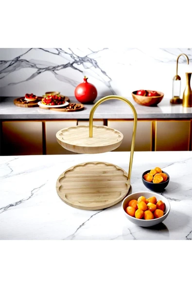 ERKUGO Bambu 2 Katlı Stant, Sunum Standı , Çift Katlı Sunumluk, Dekoratif Stant, Sunum Seti Papatya altın - 3