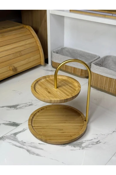 ERKUGO BlissRa Bambu Sunumluk, Sunum Standı, Çift Katlı Sunumluk, Bambu Yuvarlak Sunumluk - 2
