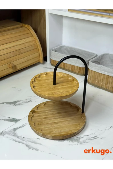 ERKUGO Bambu 2 Katlı Stant, Sunum Standı , Çift Katlı Sunumluk, Dekoratif Stant, Sunum Seti - 2