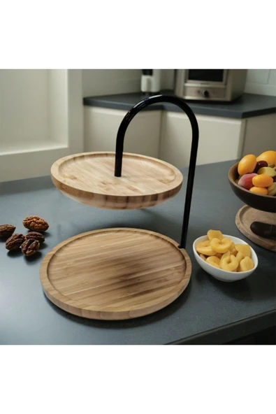 ERKUGO Bambu 2 Katlı Stant, Sunum Standı , Çift Katlı Sunumluk, Dekoratif Stant, Sunum Seti Yuvarlak Siyah - 3