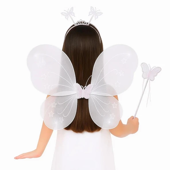 CEYLAN ADAM  Beyaz Kelebek Kız Seti – 50 cm Kelebek Kanadı, Taç ve Asa ürün görseli 1