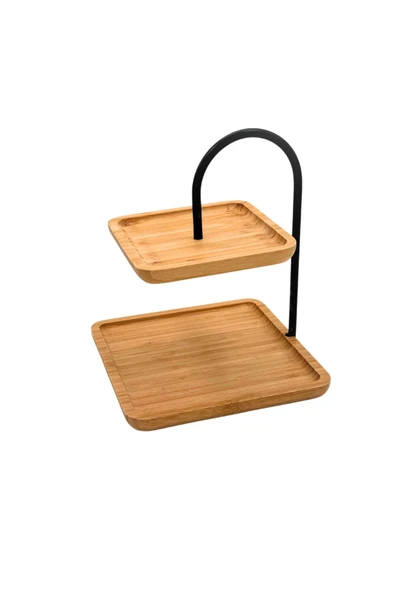 ERKUGO Bambu 2 Katlı Stant, Sunum Standı , Çift Katlı Sunumluk, Dekoratif Stant, Sunum Seti Kare Siyah - 1