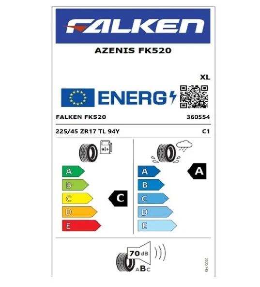 Falken 225/45 ZR17 TL 94Y XL AZENIS FK520 Oto Yaz Lastiği (Üretim Tarihi:2025) - 2