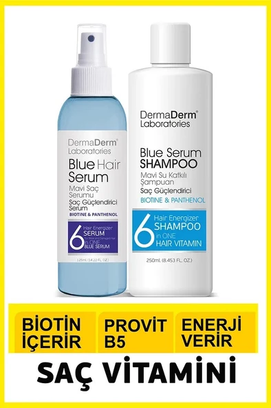 Dermaderm Saç Dökülmesine Karşı Biotin ve Pantenol İçeren Mavi Saç Serumu 125ml. ve Mavi Su Katkılı Pantenol Şampuan 250 ml.