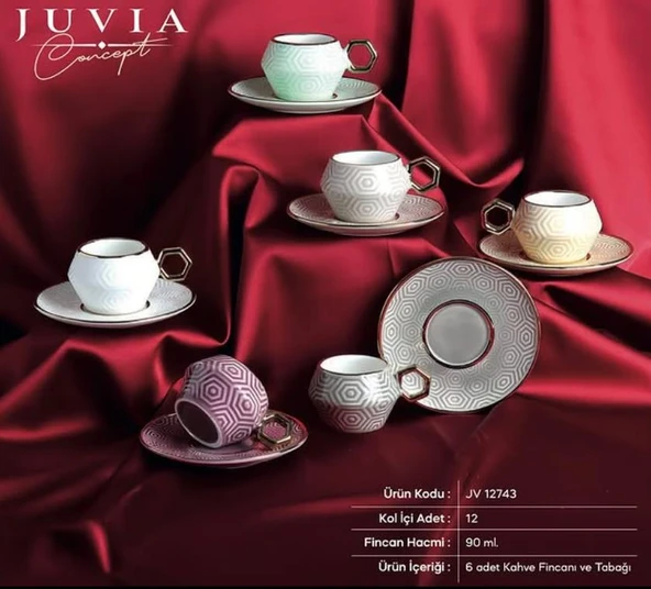 JUVIA JV 12748 RENKLI GOLD BONE PORSELEN KAHVE FINCAN TAKIMI