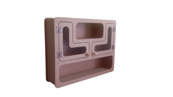 MDF Dekoratif Çift Tel Kapaklı, Çok Bölmeli Kahve Köşesi Raf - Çok Amaçlı Raf - Dekoratif Raf