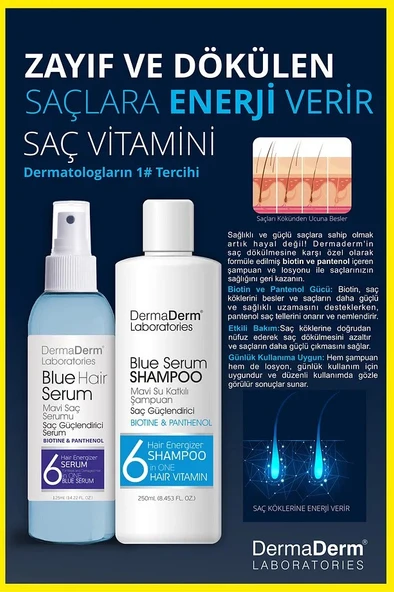 Dermaderm Saç Dökülmesine Karşı Biotin ve Pantenol İçeren Mavi Saç Serumu 125ml. ve Mavi Su Katkılı Pantenol Şampuan 250 ml. - 2