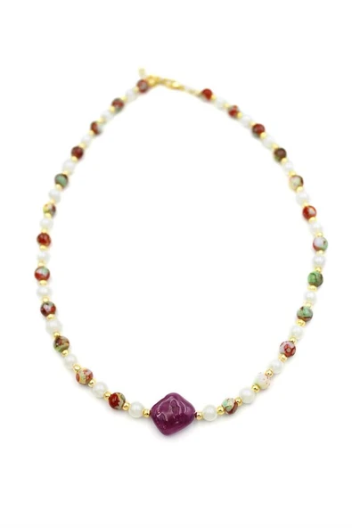 İncili Taşlı Kolye - Mor - Resim 2