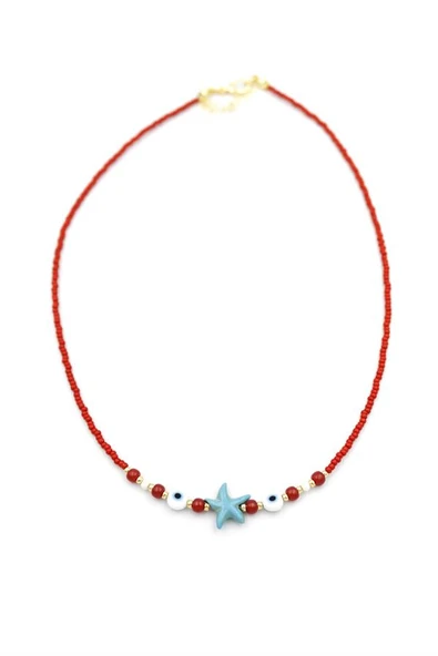 Boncuk Deniz Yıldzı Kolye - Kırmızı - Resim 2