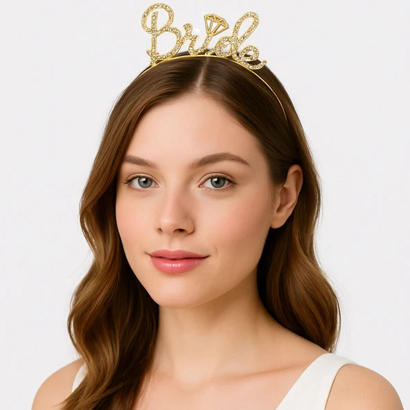 Altın Renkli Taşlı “Bride” Gelin Tacı – El Yazısı Yazı Tipiyle ürün görseli 1