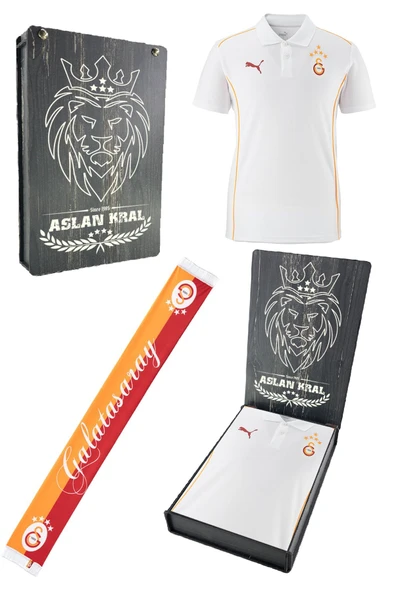 Galatasaray Orijinal Lisanslı Polo Yaka Beyaz Antrenman 5 Yıldızlı T-Shirt + Şal Kaşkol Set Hediyelik Ahşap Kutulu ürün görseli 1