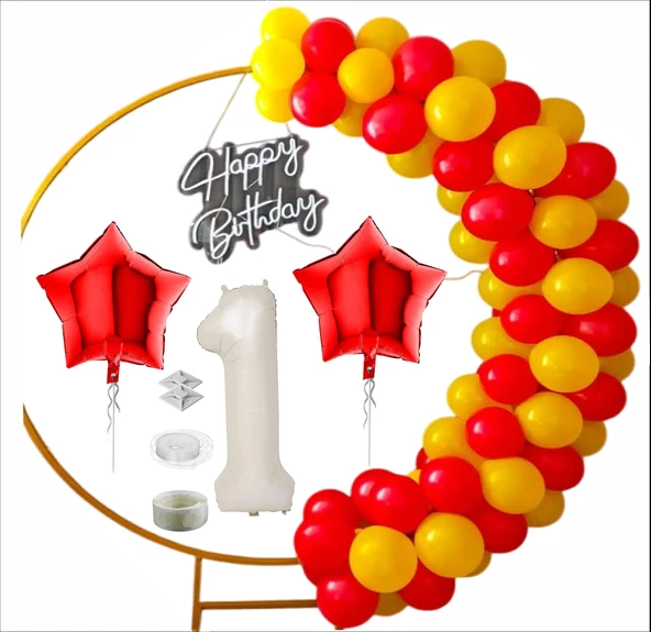 TARAFTAR SARI, KIRMIZI 60 ADET BALON 2 ADET YILDIZ, 1 YAŞ KREM FOLYO BALON SETİ ürün görseli 1