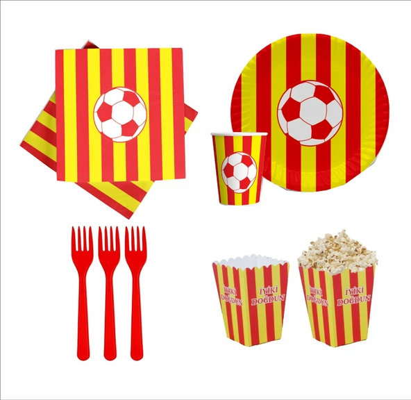 Taraftar Sarı Kırmızı 8 Tabak, 8 Bardak, 8 Mısır Kutusu, 10 Peçete, 10 Çatal ürün görseli