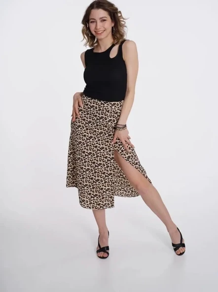Leopar Yırtmaçlı Etek - 2