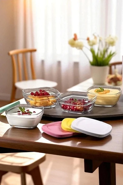Tilbe Home 4'lü Kapaklı Cam Kase Seti Pudding Saklama Kabı 310cc Kahvaltılık Organizer Piknik Seti Kahvaltılık - Resim 3
