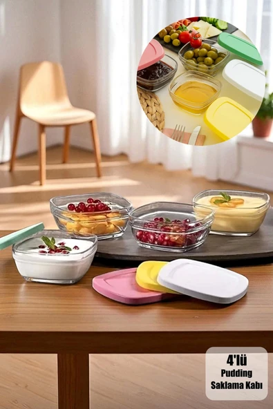 Tilbe Home 4'lü Kapaklı Cam Kase Seti Pudding Saklama Kabı 310cc Kahvaltılık Organizer Piknik Seti Kahvaltılık ürün görseli 1