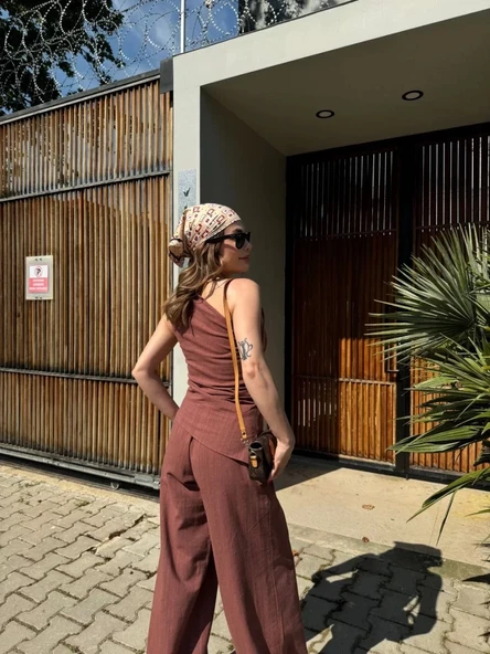 Kadın Keten Asimetrik Tek Omuzlu Bluz Pantalon Takım- Bordo - Resim 4
