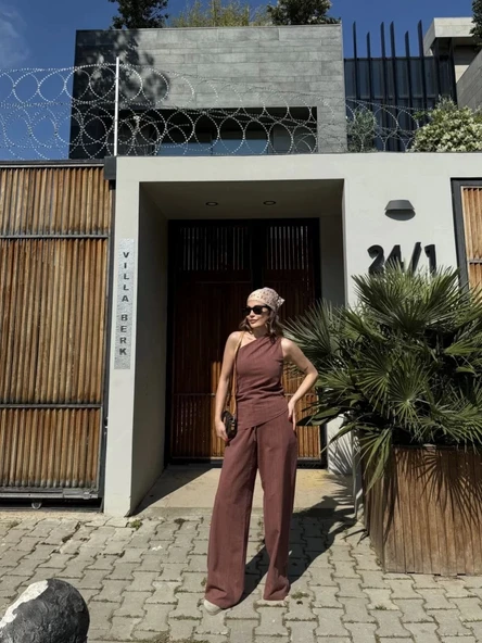 Kadın Keten Asimetrik Tek Omuzlu Bluz Pantalon Takım- Bordo - Resim 5