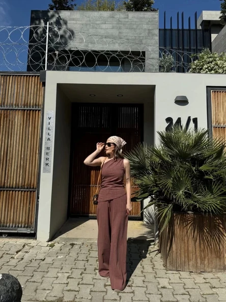 Kadın Keten Asimetrik Tek Omuzlu Bluz Pantalon Takım- Bordo - Resim 7