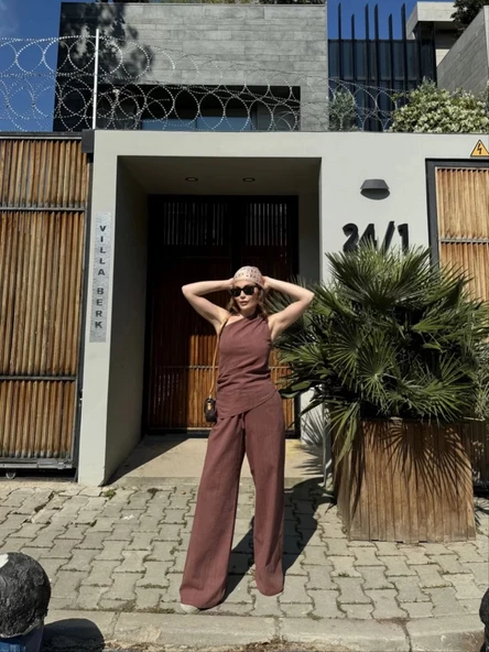 Kadın Keten Asimetrik Tek Omuzlu Bluz Pantalon Takım- Bordo - Resim 6
