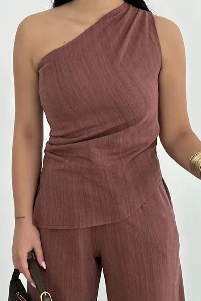 Kadın Keten Asimetrik Tek Omuzlu Bluz Pantalon Takım- Bordo - Resim 2