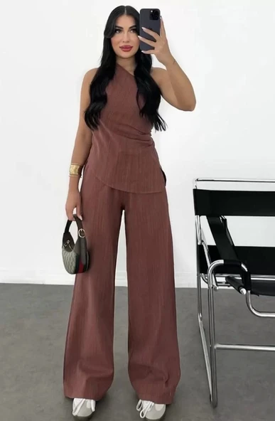 Kadın Keten Asimetrik Tek Omuzlu Bluz Pantalon Takım- Bordo ürün görseli 1