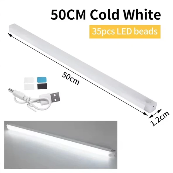 50 CM BEYAZ IŞIK HAREKET SENSÖRLÜ DOLAP İÇİ ÇALIŞMA MASASI MUTFAK TEZGAH ALTI USB LED IŞIK - 2