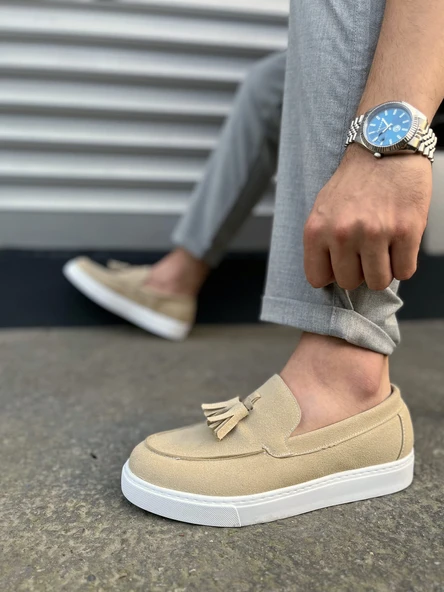 JET-153 Bloom Bağcıksız Püsküllü Süet Erkek Günlük Spor Klasik Ayakkabı SBT - Krem - Resim 3