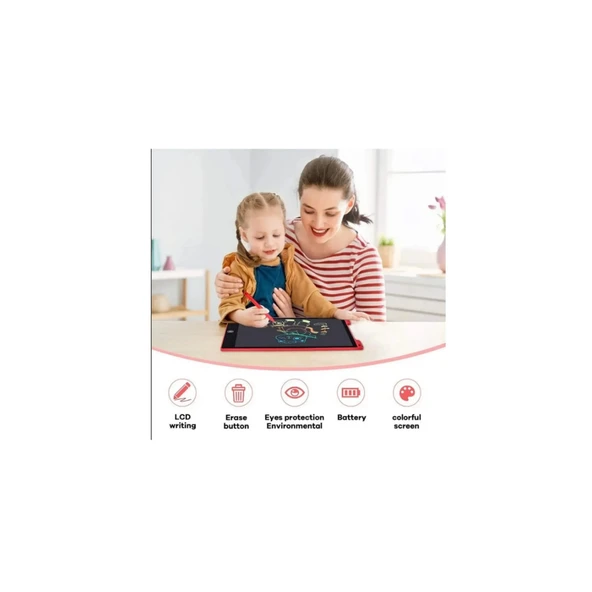 12 Inc Renkli Lcd Grafik Dijital Kalemli Çizim Tableti Yazı Tahta Not Yazma Eğitim Tableti Kırmızı - 3