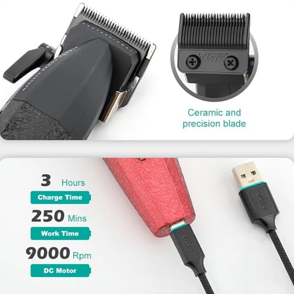 VGR V-640 Profesyonel Saç Kesme Makinesi – 9000 RPM, Paslanmaz Çelik, USB Şarjlı - 4