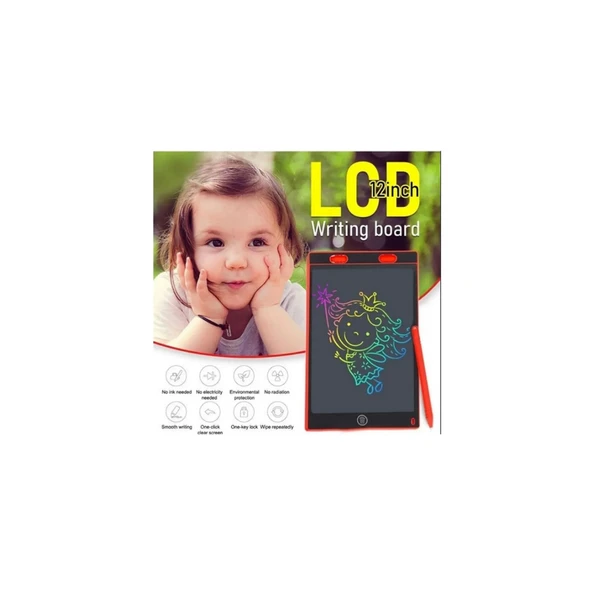 12 Inc Renkli Lcd Grafik Dijital Kalemli Çizim Tableti Yazı Tahta Not Yazma Eğitim Tableti Kırmızı - 2