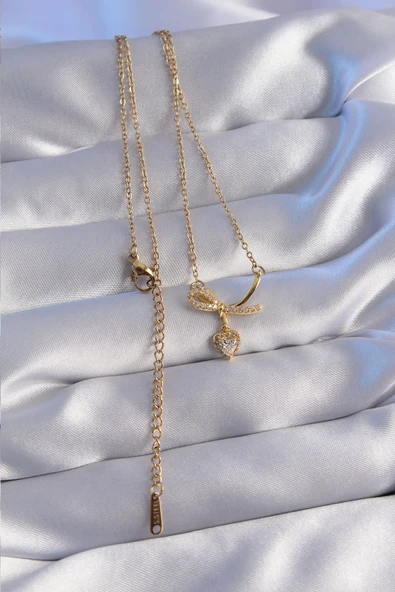 316L Çelik Zincir Gold Renk Zirkon Taşlı Yarım Fiyonk Kalp Kolye - TJ-BKO8789 - Resim 2