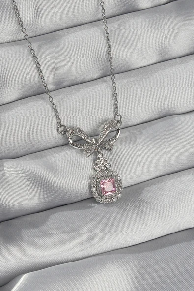 316L Çelik Gümüş Renk Fiyonk Detay Pembe Zirkon Taşlı Tektaş Kolye - TJ-BKO8923 ürün görseli 1