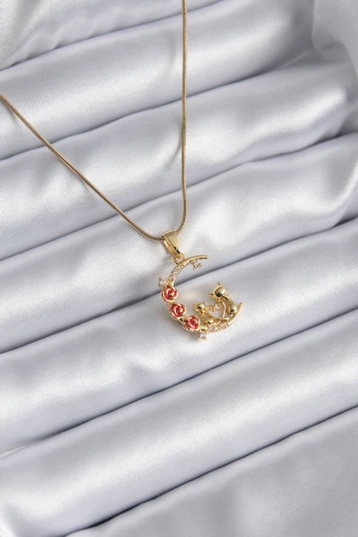 316L Çelik Gold Renk Hilal Kedi Model Zirkon Taşlı Detay Kadın Kolye - TJ-BKO8140 ürün görseli 1