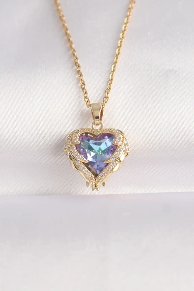 316L Çelik Zincir Altın Renk Zirkon Taşlı Mavi Mor Renkli Kalp Figür Kolye - TJ-BKO8685 ürün görseli 1