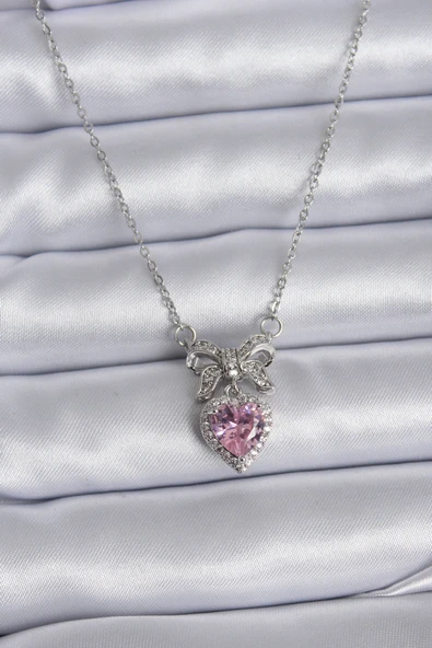 316L Çelik Gümüş Renk Zincir Pembe Kristal Kalp Zirkon Taşlı Kurdele Model Kadın Kolye - TJ-BKO7746 ürün görseli 1