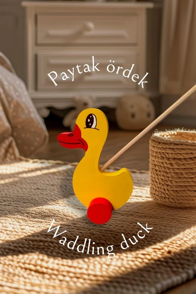 Montessori Ahşap Oyuncak, Küçük Itme Oyuncak, Sarı Ahşap Ördek Oyuncak - 2