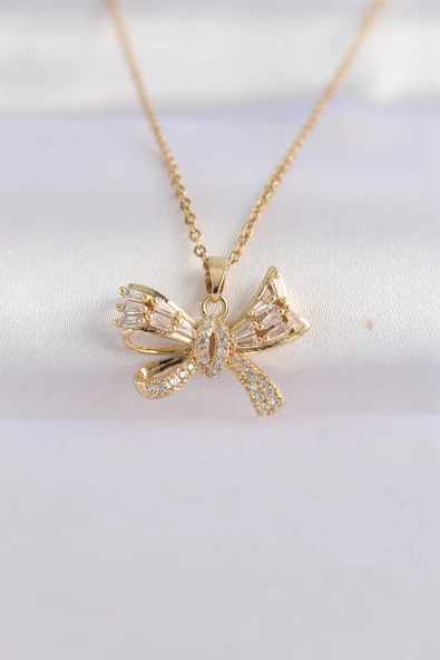 316L Çelik Zincir Altın Renk Zirkon Taşlı Fiyonk Kolye - TJ-BKO8652 ürün görseli 1