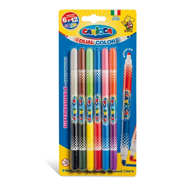 CARİOCA BİCOLOR SÜPER YIKANABİLİR ÇİFT UÇLU KEÇELİ BOYA KALEMİ 6LI 12 RENK ürün görseli