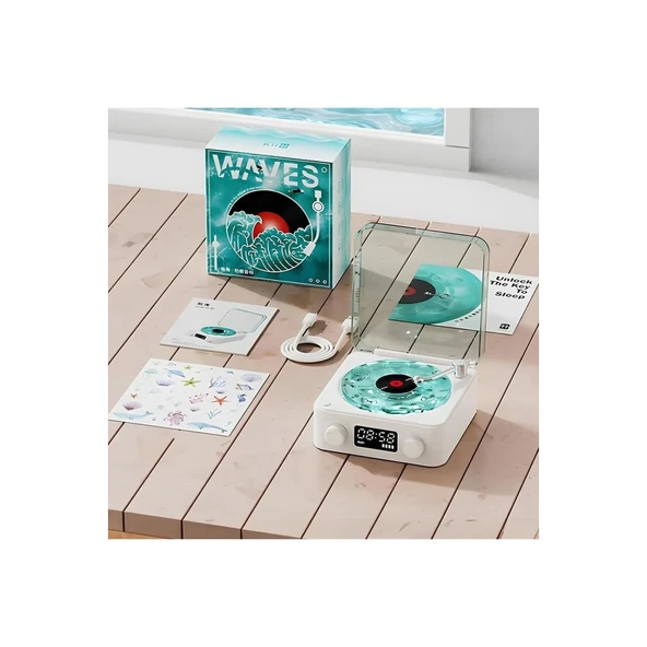 Waves Nostalji Plak Görünümlü Bluetooth Hoparlör 3d Ses Dalgası Retro Müzik Plak Mavi - 4