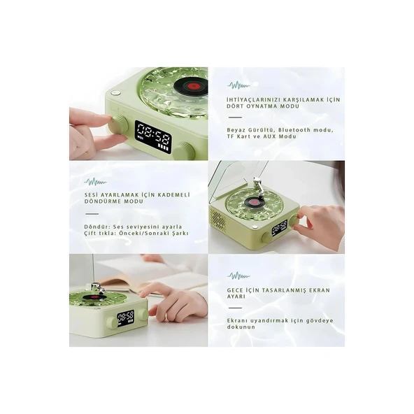 Waves Nostalji Plak Görünümlü Bluetooth Hoparlör 3d Ses Dalgası Retro Müzik Plak Yeşil - 2