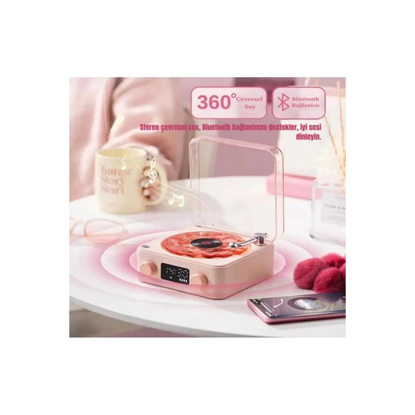 Waves Nostalji Plak Görünümlü Bluetooth Hoparlör 3d Ses Dalgası Retro Müzik Plak Pembe - 4